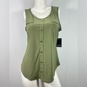 NWT Fifty Street Sz L Women Green Faux Button Front Blouse Shirt Sleeveless Tank